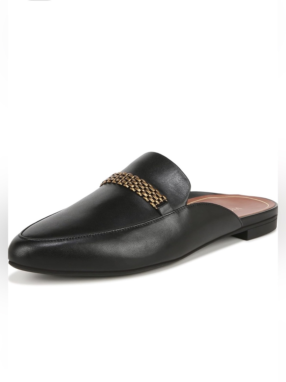 Vionic Starling Black Leather Slip-On Gold Chain Detail Loafer Mules Size 9 1/2